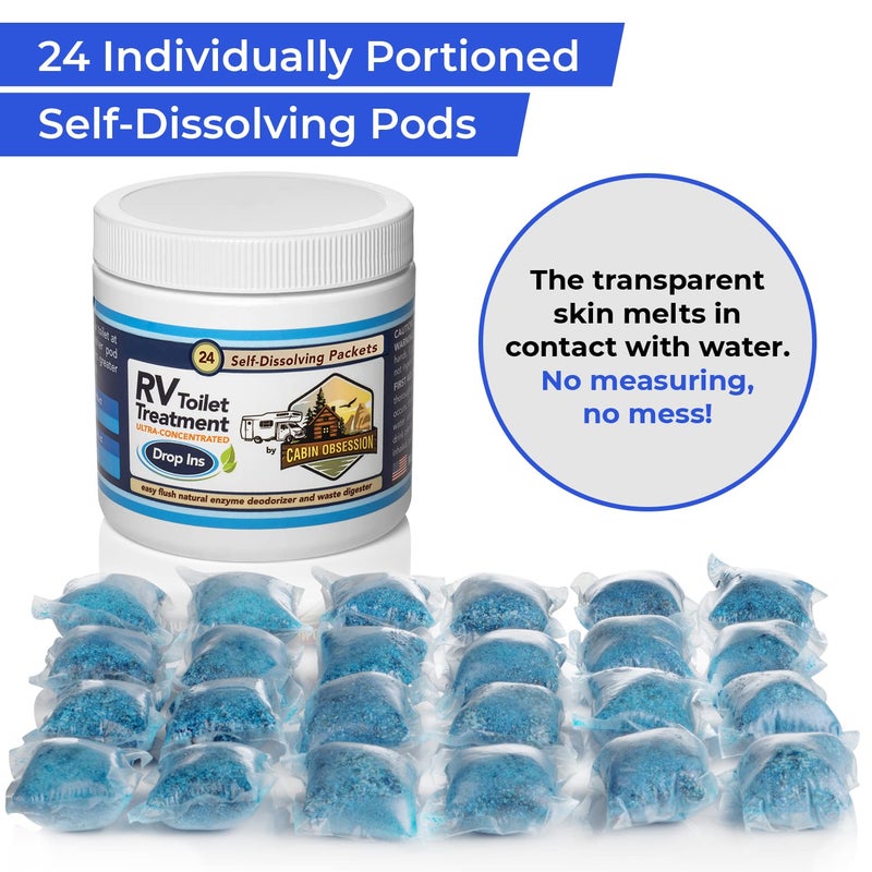Cabin Obsession RV Toilet Treatment Drop Ins - 24 Easy Flush Self-Dissolving RV Black Tank Treatment Packets - Eliminate Odors and Break Down Waste Within Your RV Holding Tank - Image 5